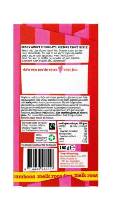 Barre de chocolat Lait Rose Framboise (180g) Tout droit de mon cœur de chocolat