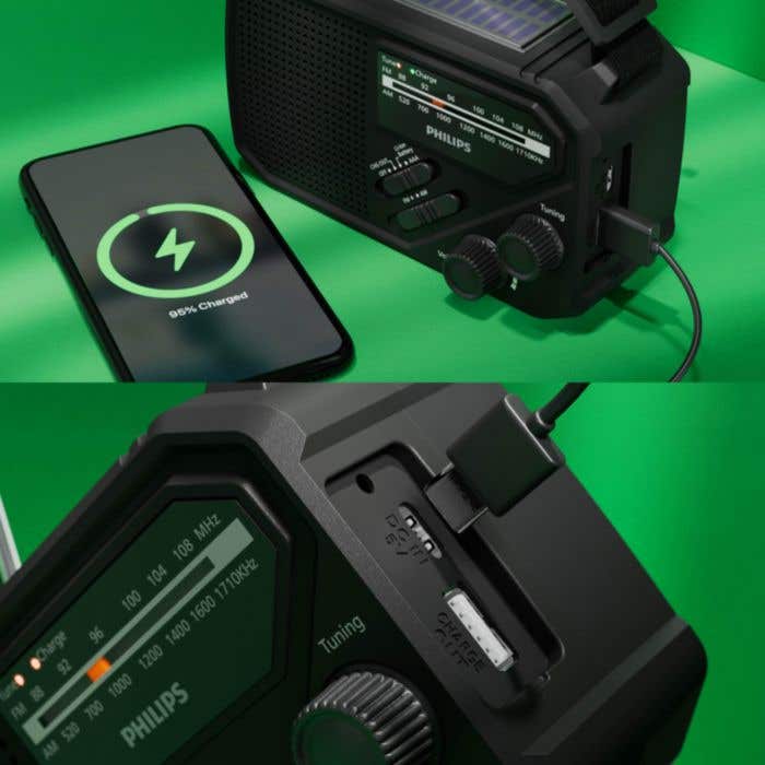 Noodradio Philips TAR1609 met analoge FM/AM-tuner en zaklamp