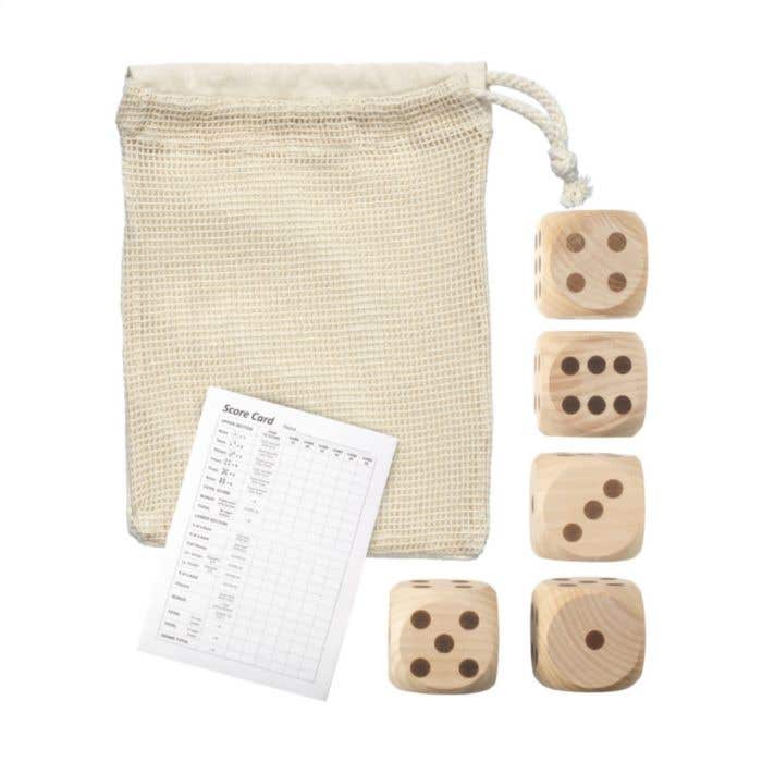 Jeu de dés | Bois FSC® | 5 dés | Avec sac de rangement