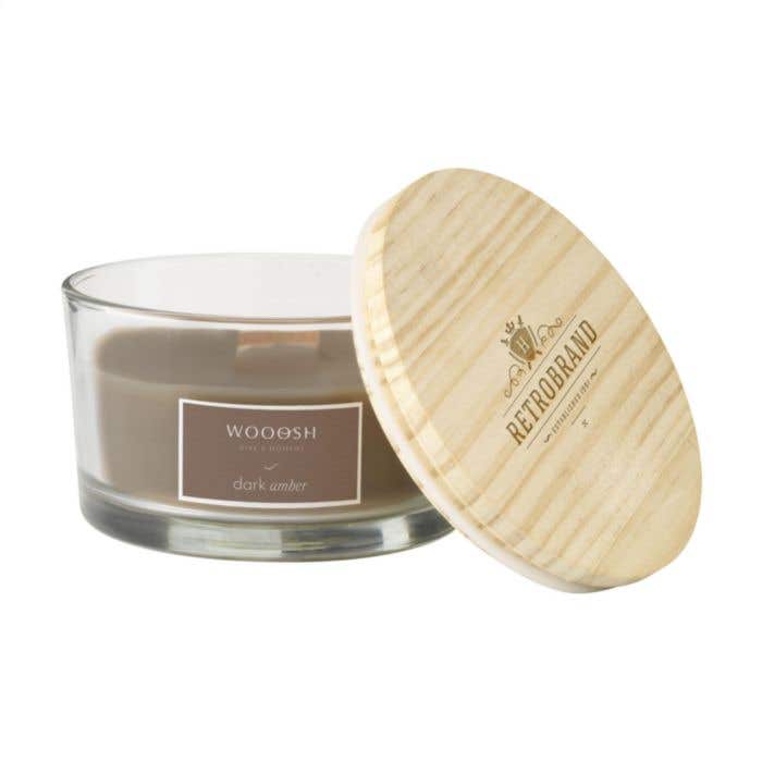 Bougie parfumée Wooosh | Mèche en bois | 35 heures | Parfum ambré