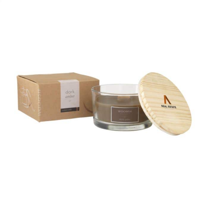 Bougie parfumée Wooosh | Mèche en bois | 35 heures | Parfum ambré