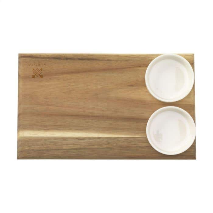 Planche à servir | Bois d'acacia | Avec 2 coupelles en porcelaine