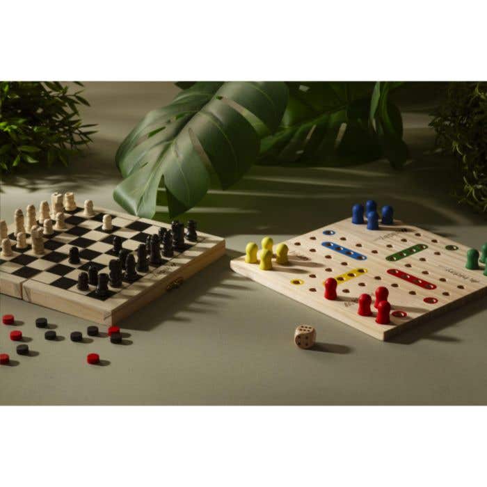Coffret de jeux 3-en-1 | Bois de pin FSC® | Échecs, dames et backgammon