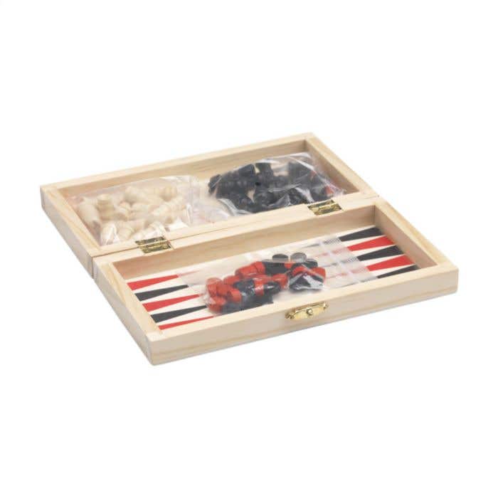 Coffret de jeux 3-en-1 | Bois de pin FSC® | Échecs, dames et backgammon
