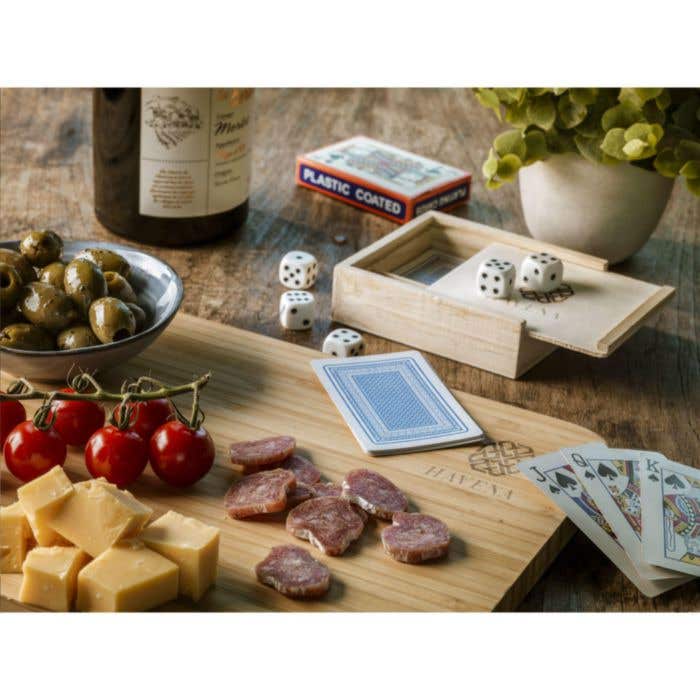 Spelset Dice & Play | Hout | 5 dobbelstenen en 54 kaarten