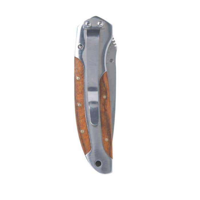 Couteau de survie | Acier inoxydable | Bord dentelé | Poignée en bois