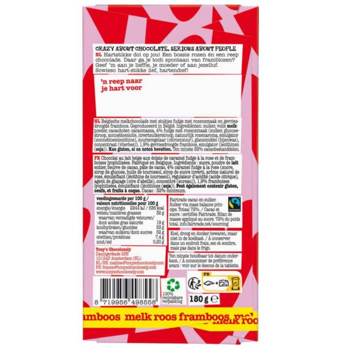 Barre de chocolat Lait Rose Framboise (180g) Tout droit de mon cœur de chocolat
