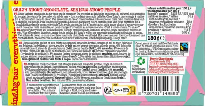 Barre de chocolat Tony's Chocolonely Lait Caramel Sel de mer Pretzel Nougat Amandes (180 g)