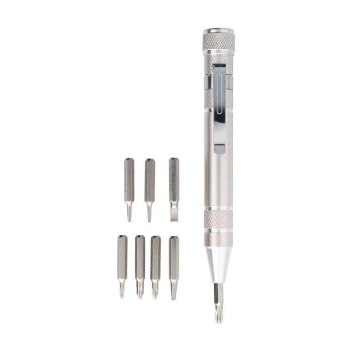 Stylo tournevis | Aluminium | 8 embouts | Avec clip