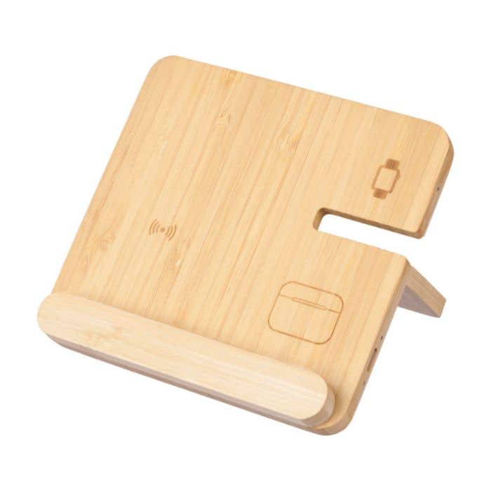 Chargeur sans fil Tribu | Bambou FSC® | 3-en-1 | Avec support pour téléphone