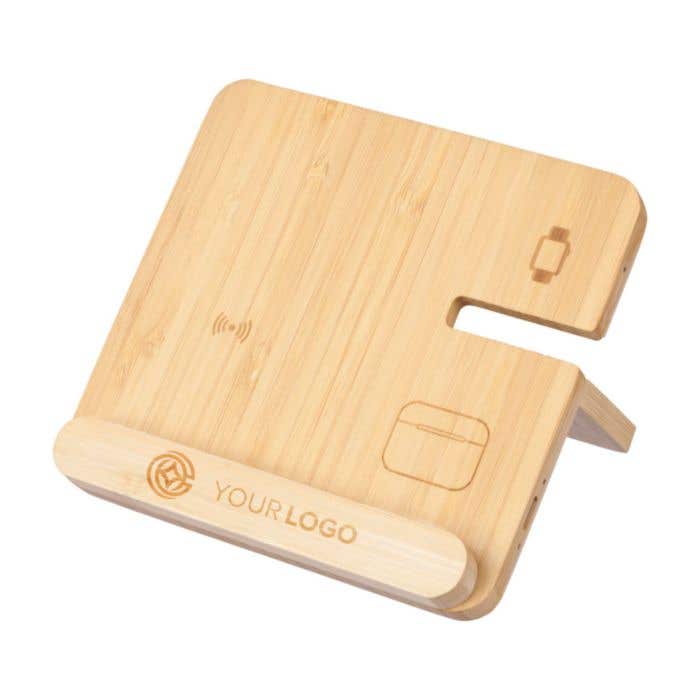 Chargeur sans fil Tribu | Bambou FSC® | 3-en-1 | Avec support pour téléphone