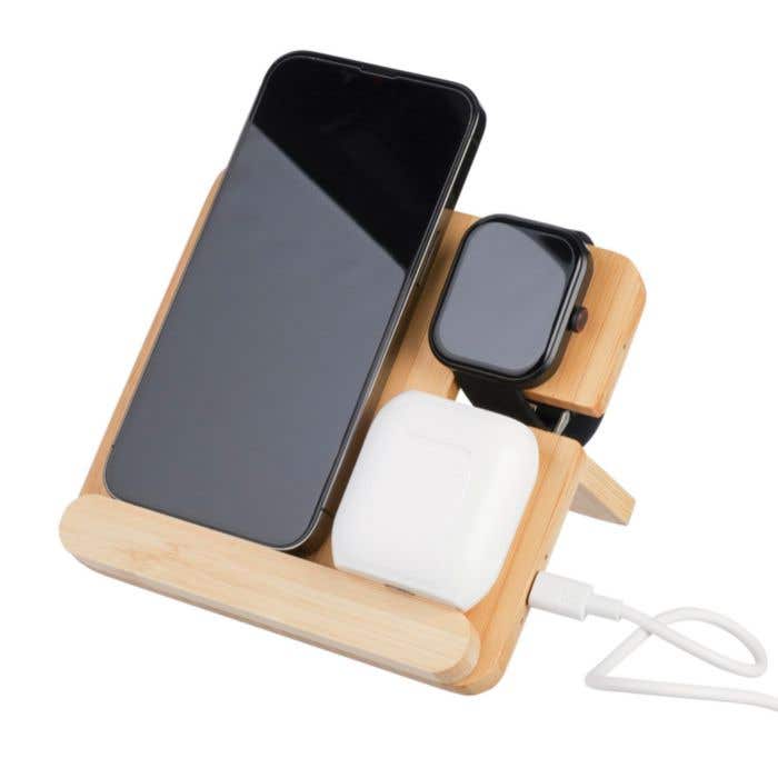 Chargeur sans fil Tribu | Bambou FSC® | 3-en-1 | Avec support pour téléphone