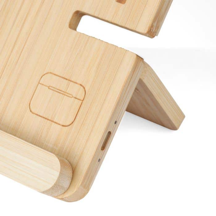 Chargeur sans fil Tribu | Bambou FSC® | 3-en-1 | Avec support pour téléphone