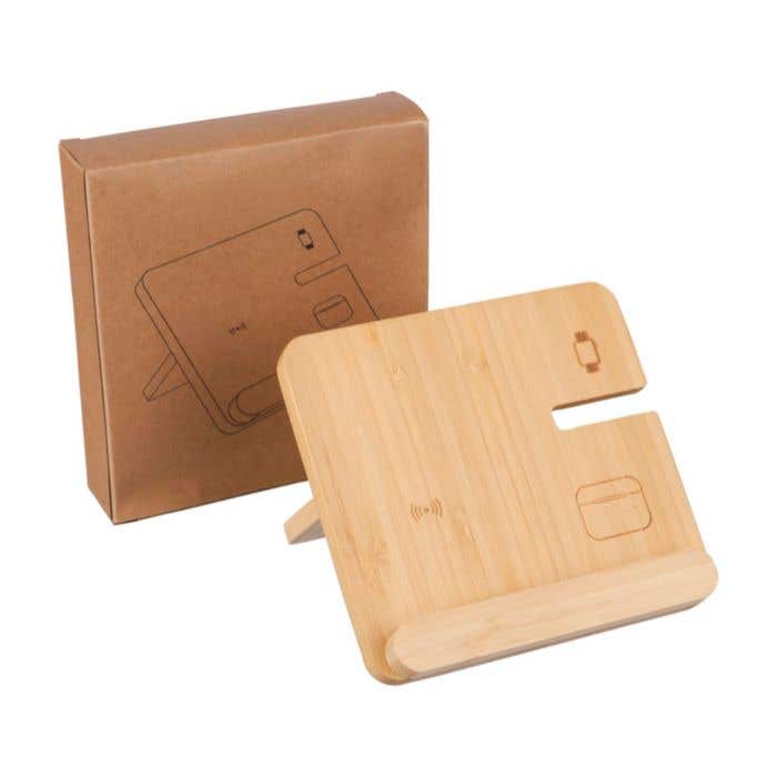 Draadloze oplader Tribu | bamboe | 3-in-1 | Met telefoonhouder